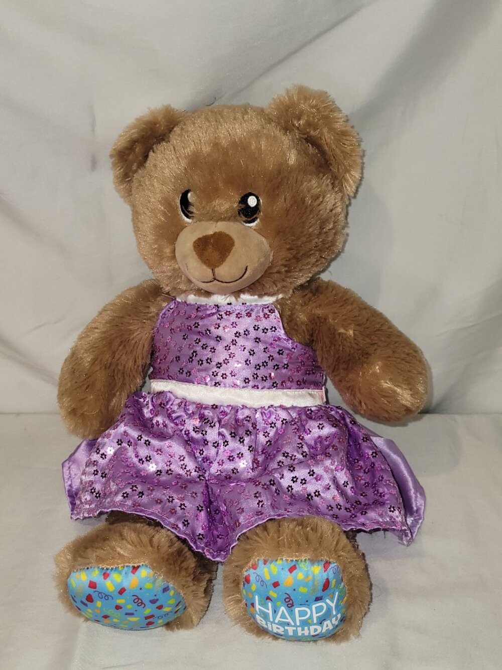 Build-A-Bear Workshop Teddy Bear 'Happy Birthday" Wearing Purple Sequined Dress.